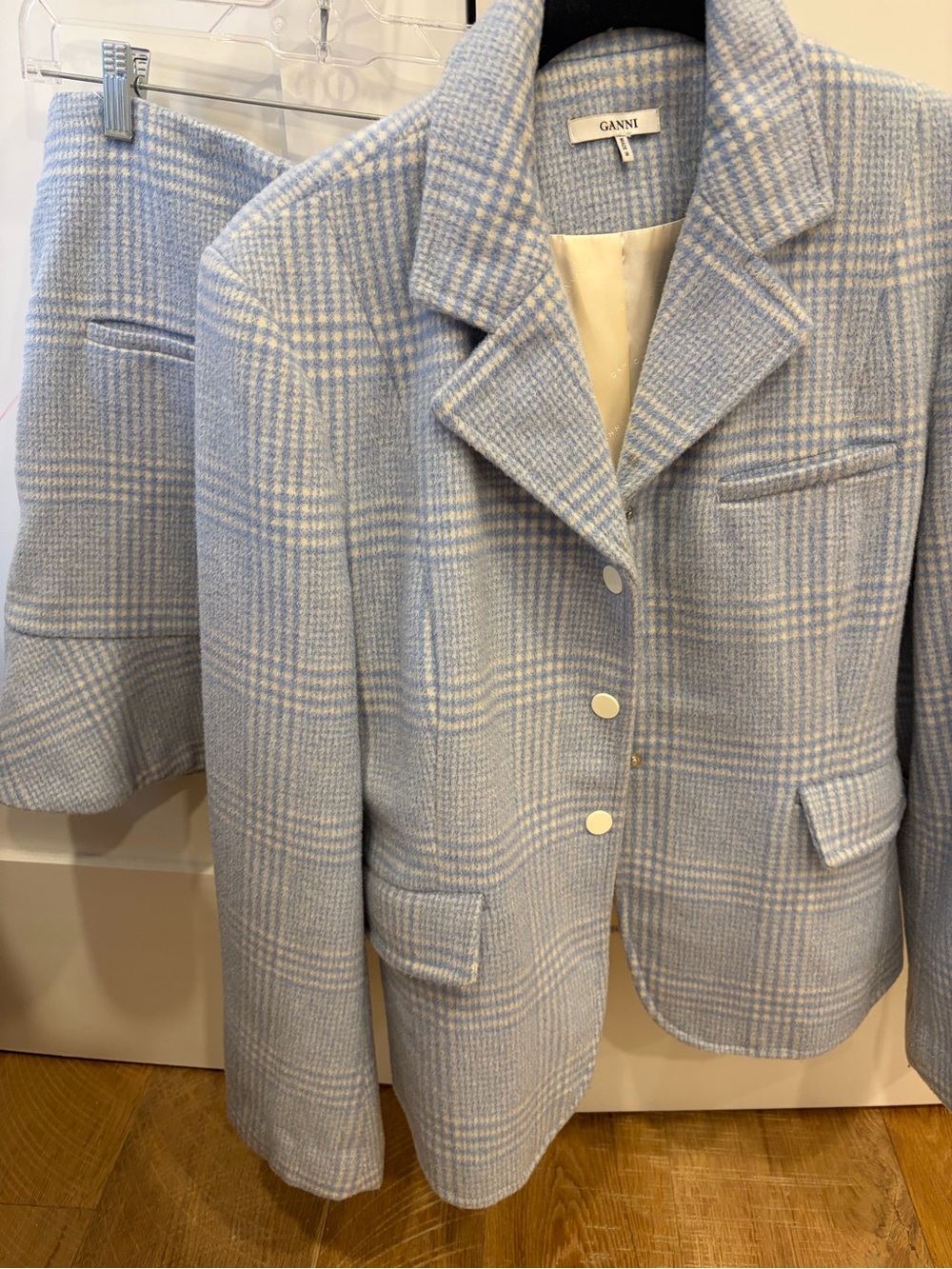 Ganni Pastel Blue Plaid Tailored Blazer